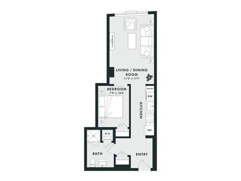 A floor plan of a small apartment with a living room, bedroom, kitchen, and bathroom.